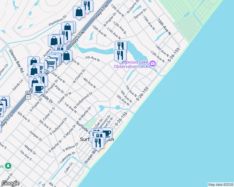 map of restaurants, bars, coffee shops, grocery stores, and more near 513 6th Avenue North in Surfside Beach