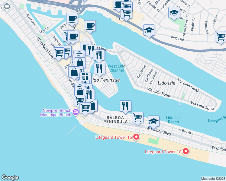 map of restaurants, bars, coffee shops, grocery stores, and more near 44 Cabrillo Street in Newport Beach