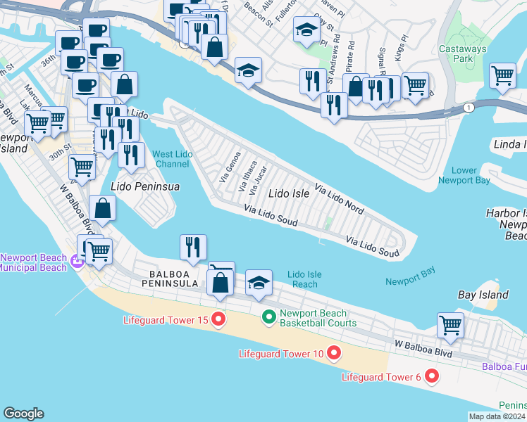 map of restaurants, bars, coffee shops, grocery stores, and more near 510 Via Lido Soud in Newport Beach