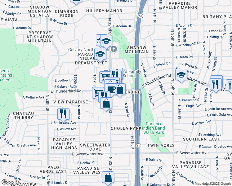map of restaurants, bars, coffee shops, grocery stores, and more near 3215 East Thunderbird Road in Phoenix