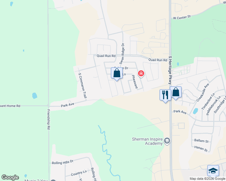 map of restaurants, bars, coffee shops, grocery stores, and more near 1415 Teal in Sherman