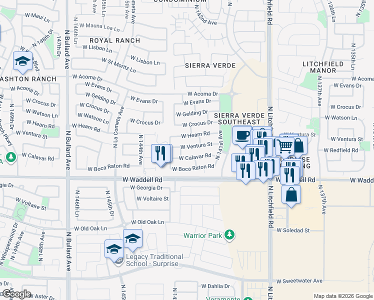 map of restaurants, bars, coffee shops, grocery stores, and more near 14231 West Ventura Street in Surprise