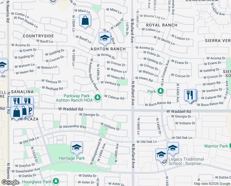 map of restaurants, bars, coffee shops, grocery stores, and more near 14813 West Ventura Street in Surprise