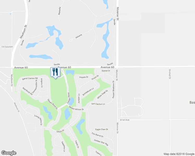 map of restaurants, bars, coffee shops, grocery stores, and more near 81811 Prism Drive in La Quinta