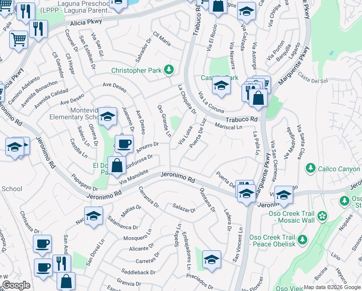 map of restaurants, bars, coffee shops, grocery stores, and more near 24192 Vía Luisa in Mission Viejo