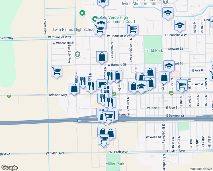 map of restaurants, bars, coffee shops, grocery stores, and more near 160 North Lovekin Boulevard in Blythe