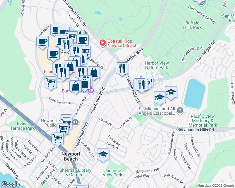 map of restaurants, bars, coffee shops, grocery stores, and more near 19 Harbor Island in Newport Beach