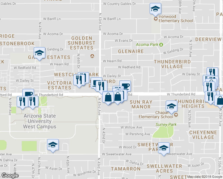 map of restaurants, bars, coffee shops, grocery stores, and more near 13810 North 42nd Avenue in Phoenix