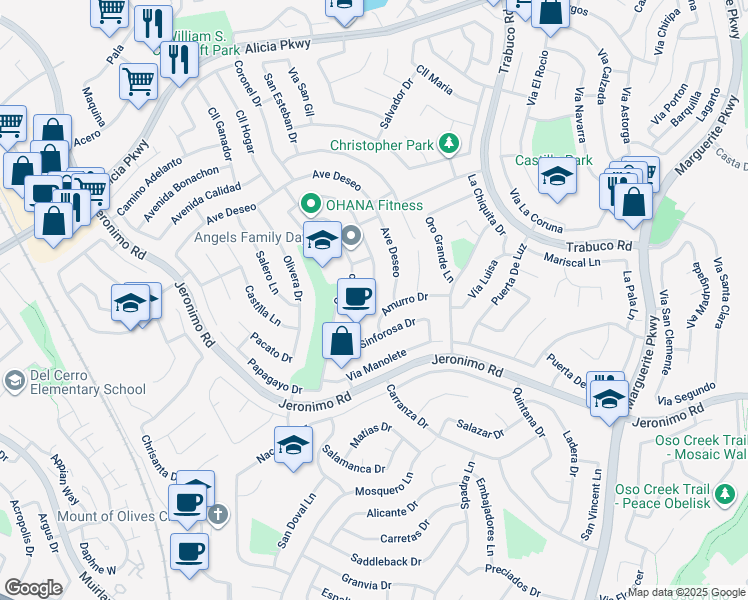 map of restaurants, bars, coffee shops, grocery stores, and more near 24192 Juaneno Drive in Mission Viejo