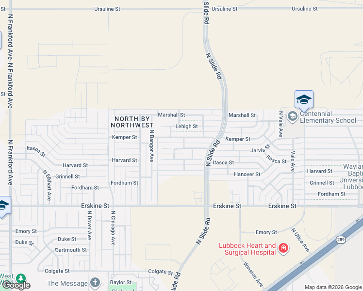 map of restaurants, bars, coffee shops, grocery stores, and more near 5232 Kemper Street in Lubbock