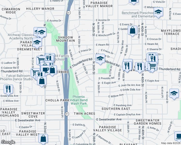 map of restaurants, bars, coffee shops, grocery stores, and more near 3540 East Voltaire Avenue in Phoenix