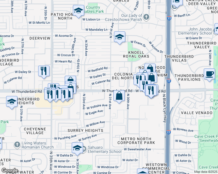 map of restaurants, bars, coffee shops, grocery stores, and more near 3055 West Calavar Road in Phoenix