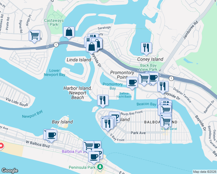 map of restaurants, bars, coffee shops, grocery stores, and more near 633 Bayside Drive in Newport Beach