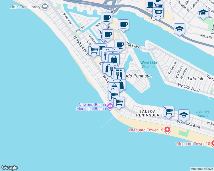 map of restaurants, bars, coffee shops, grocery stores, and more near 2727 Newport Boulevard in Newport Beach