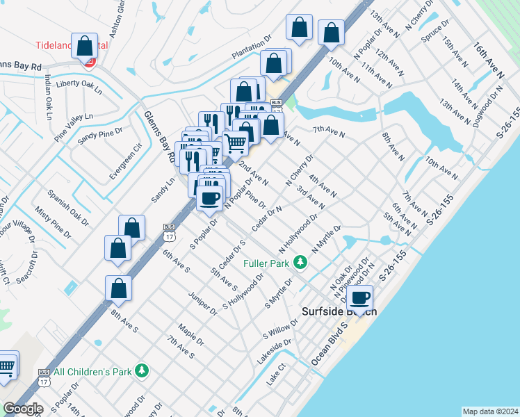 map of restaurants, bars, coffee shops, grocery stores, and more near 716 Pine Drive in Surfside Beach