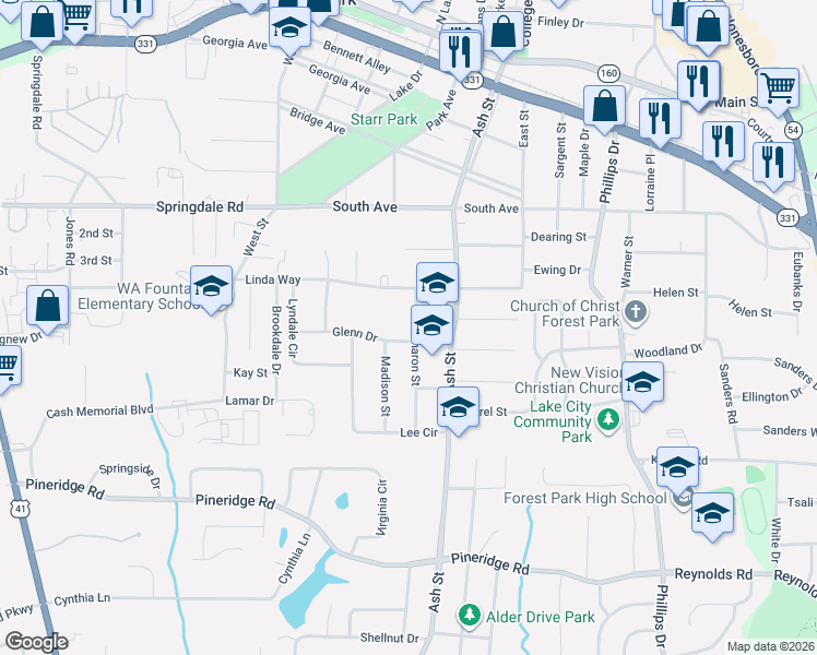 map of restaurants, bars, coffee shops, grocery stores, and more near 745 Linda Way in Forest Park