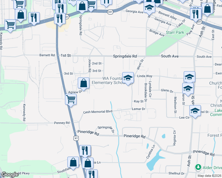 map of restaurants, bars, coffee shops, grocery stores, and more near 5212 West Street in Forest Park