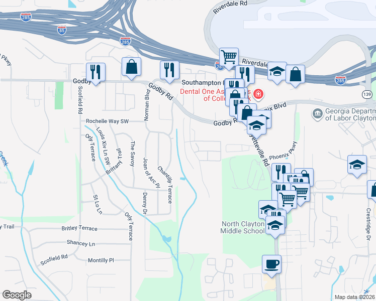map of restaurants, bars, coffee shops, grocery stores, and more near 5264 Hanover Street in Atlanta