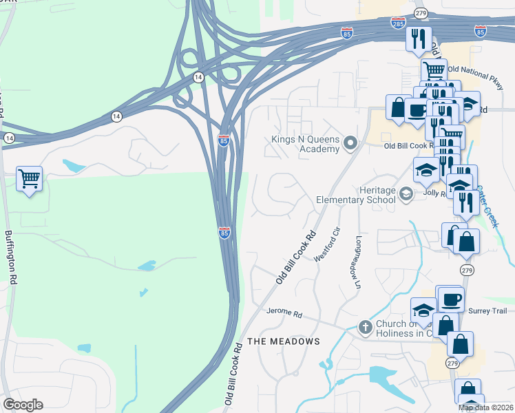map of restaurants, bars, coffee shops, grocery stores, and more near 5369 Sand Bar Lane in College Park