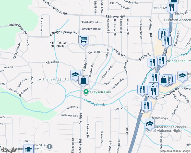 map of restaurants, bars, coffee shops, grocery stores, and more near 1121 Violet Drive in Birmingham