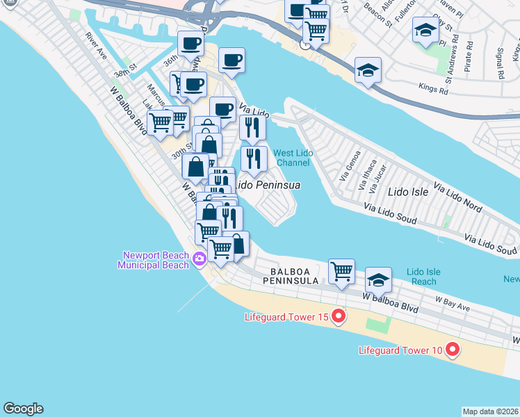 map of restaurants, bars, coffee shops, grocery stores, and more near 47 Channel Road in Newport Beach
