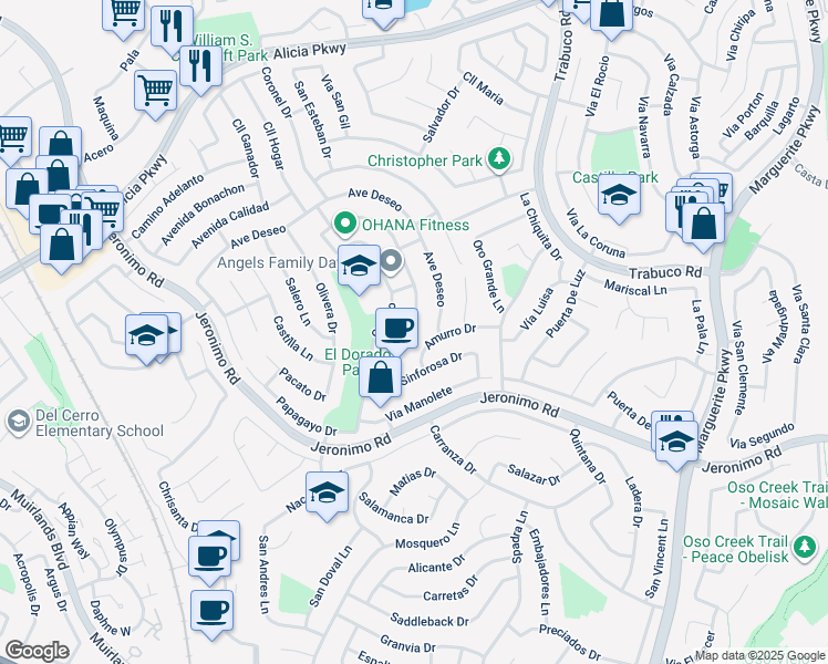 map of restaurants, bars, coffee shops, grocery stores, and more near 24192 Juaneno Drive in Mission Viejo
