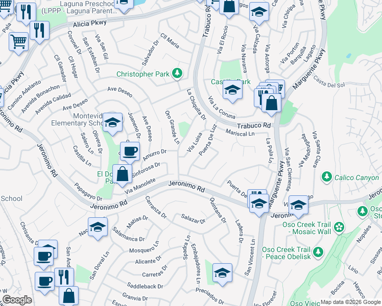 map of restaurants, bars, coffee shops, grocery stores, and more near 24192 Vía Luisa in Mission Viejo