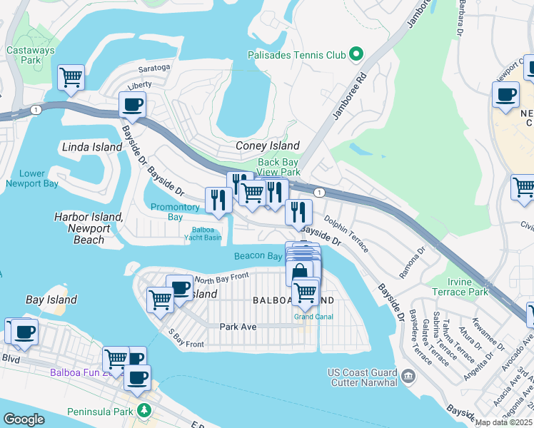 map of restaurants, bars, coffee shops, grocery stores, and more near 1030 Bayside Cove in Newport Beach