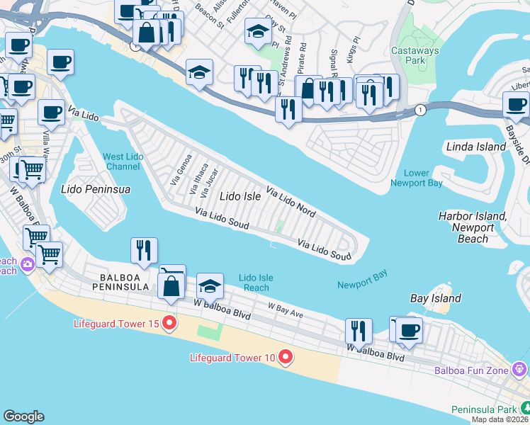 map of restaurants, bars, coffee shops, grocery stores, and more near 124 Via Quito in Newport Beach