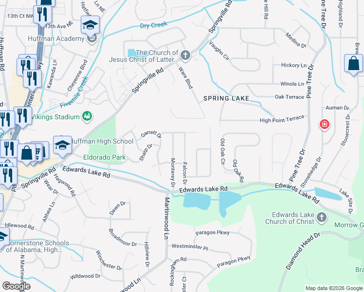 map of restaurants, bars, coffee shops, grocery stores, and more near 1316 Falcon Drive in Birmingham