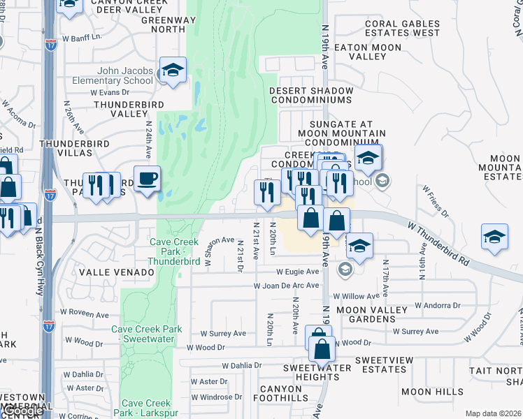 map of restaurants, bars, coffee shops, grocery stores, and more near 1944 West Thunderbird Road in Phoenix