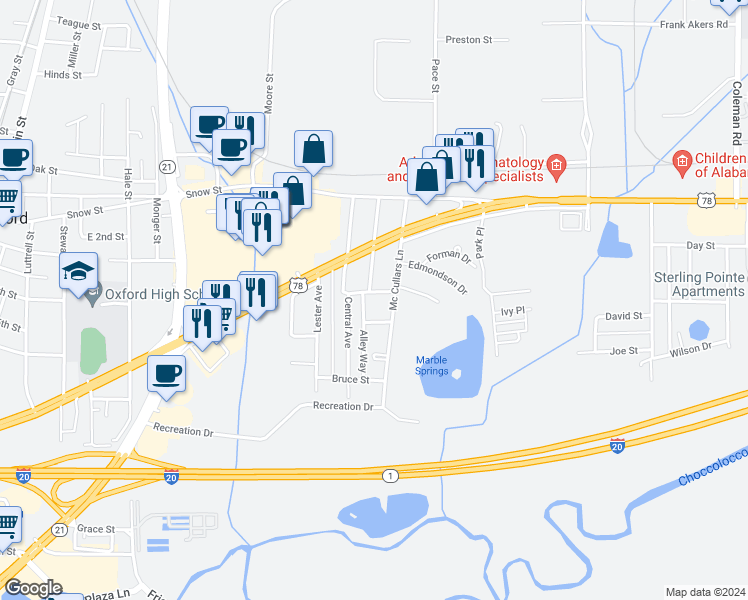 map of restaurants, bars, coffee shops, grocery stores, and more near 1018 Corbin Street in Oxford