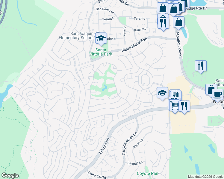 map of restaurants, bars, coffee shops, grocery stores, and more near 5519 Paseo Del Lago East in Laguna Woods