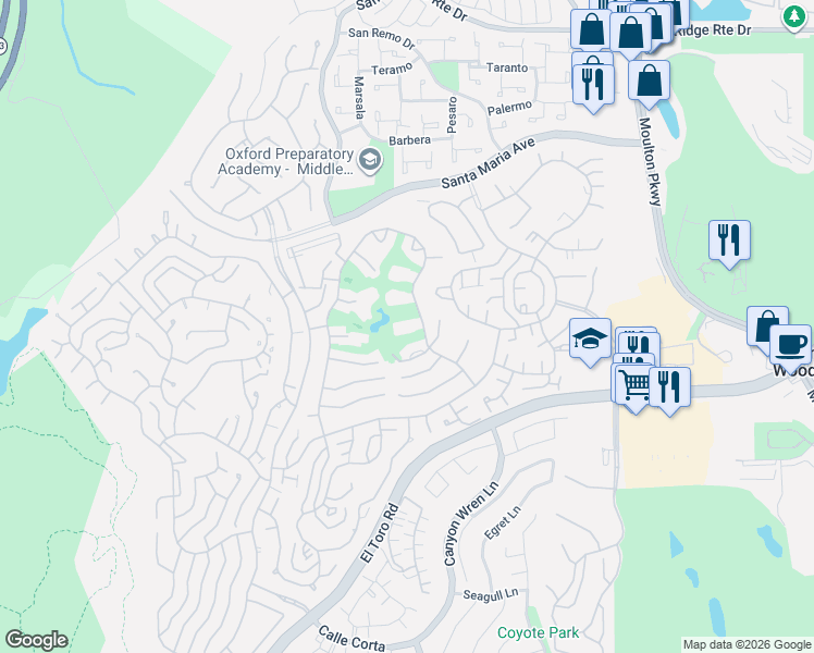 map of restaurants, bars, coffee shops, grocery stores, and more near 5518 Paseo Del Lago West in Laguna Woods