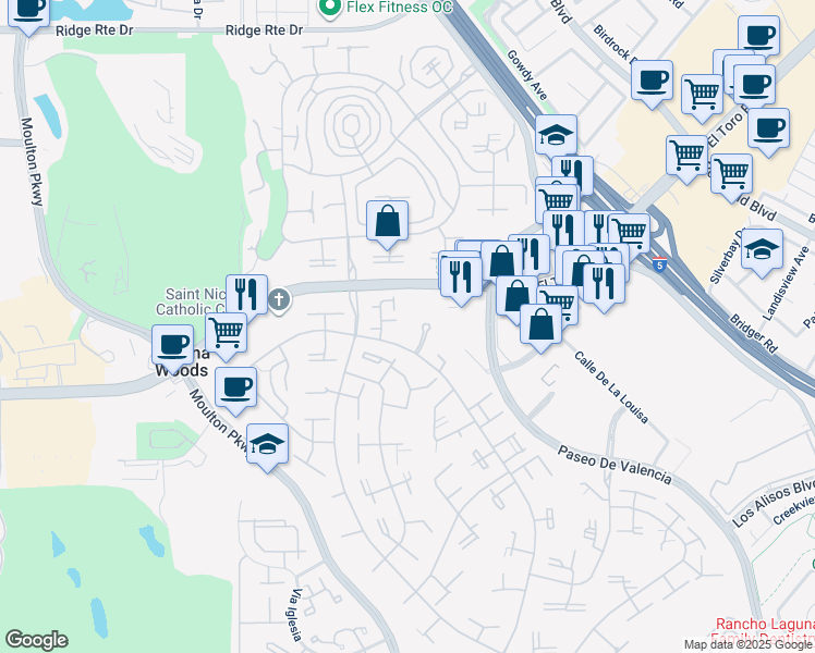 map of restaurants, bars, coffee shops, grocery stores, and more near in Laguna Woods