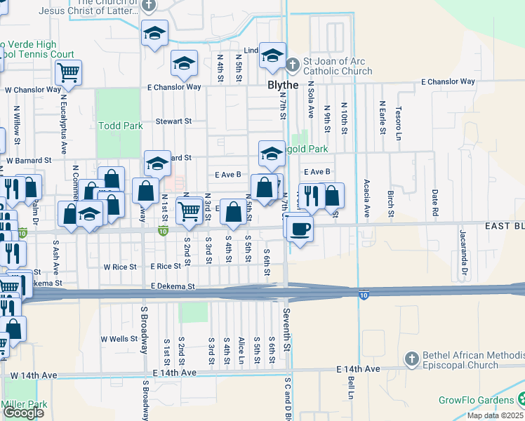 map of restaurants, bars, coffee shops, grocery stores, and more near 187 North 7th Street in Blythe