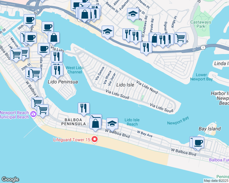map of restaurants, bars, coffee shops, grocery stores, and more near 104 Via Lorca in Newport Beach