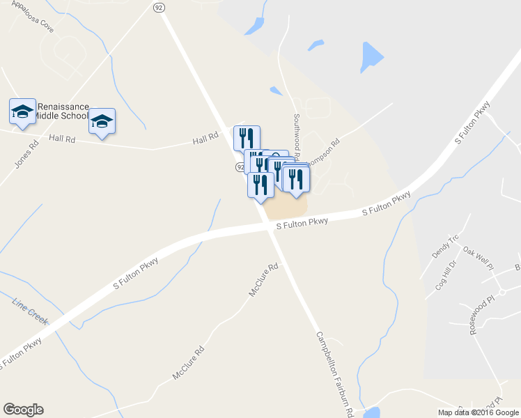 map of restaurants, bars, coffee shops, grocery stores, and more near 5357 Highway 92 in Fairburn
