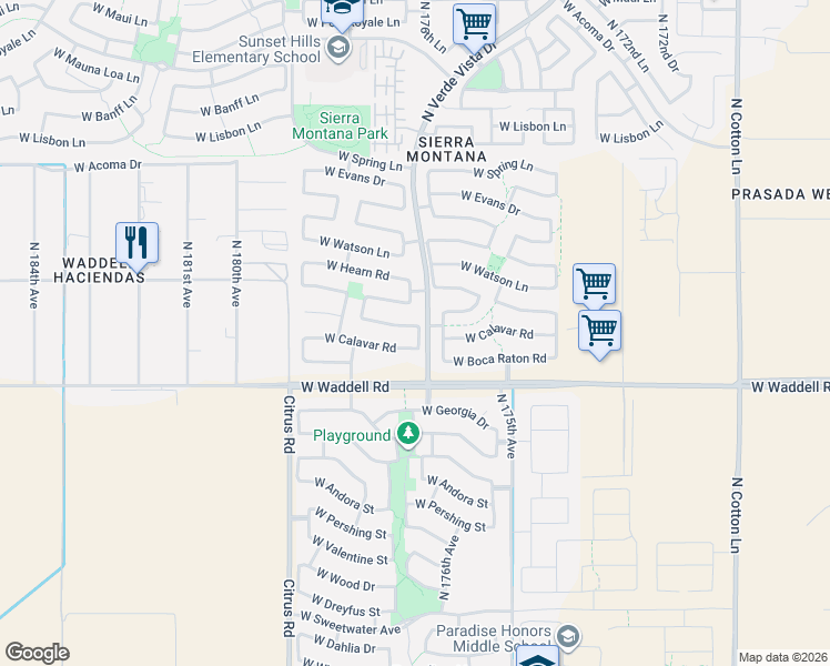 map of restaurants, bars, coffee shops, grocery stores, and more near 17740 West Redfield Road in Surprise