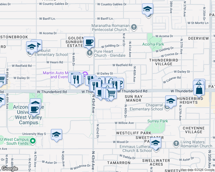 map of restaurants, bars, coffee shops, grocery stores, and more near 13821 North 42nd Avenue in Phoenix