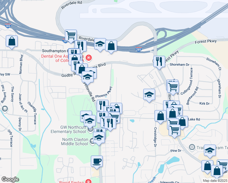 map of restaurants, bars, coffee shops, grocery stores, and more near 5273 Crystal Lane in Atlanta