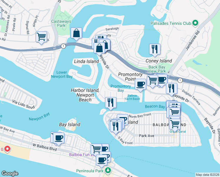 map of restaurants, bars, coffee shops, grocery stores, and more near 612 Harbor Island Drive in Newport Beach
