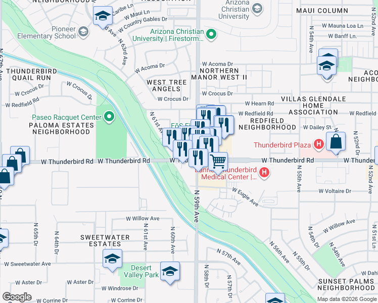 map of restaurants, bars, coffee shops, grocery stores, and more near 5908 West Thunderbird Road in Glendale