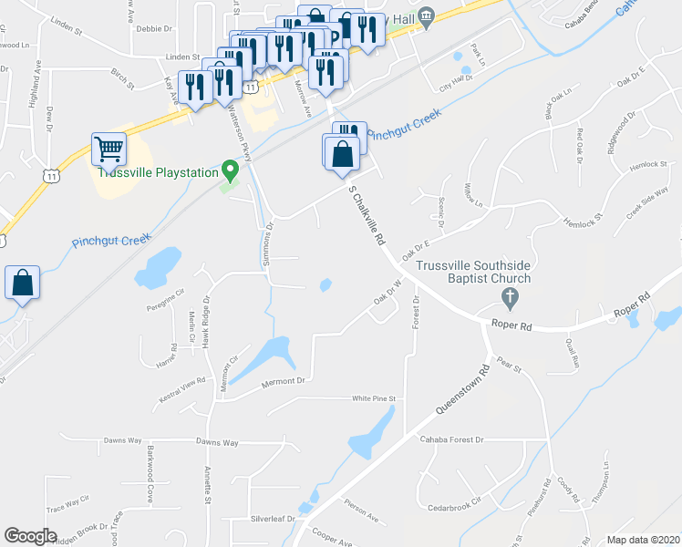 map of restaurants, bars, coffee shops, grocery stores, and more near 6457 South Chalkville Road in Trussville