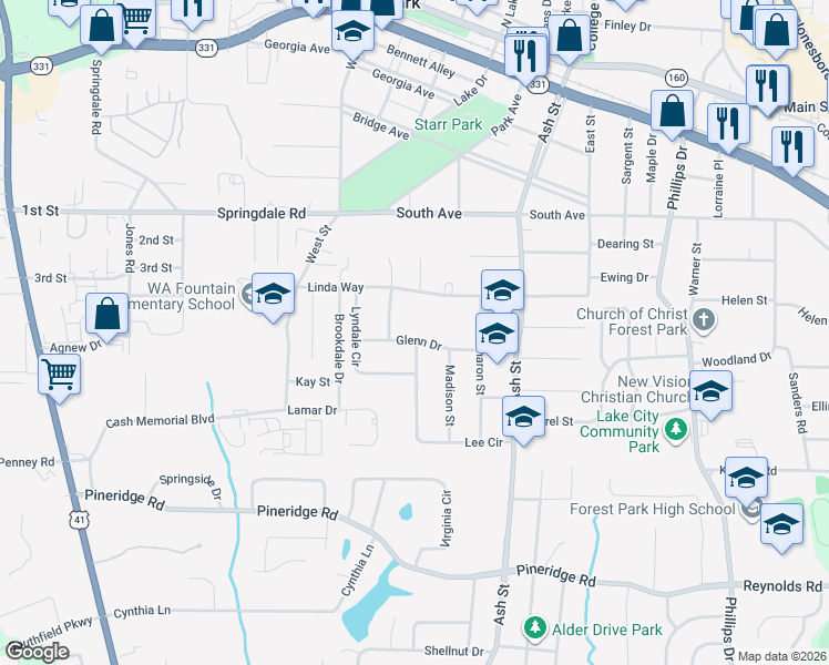 map of restaurants, bars, coffee shops, grocery stores, and more near 694 Glenn Drive in Forest Park