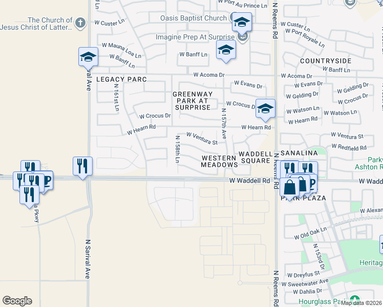 map of restaurants, bars, coffee shops, grocery stores, and more near 15834 West Redfield Road in Surprise
