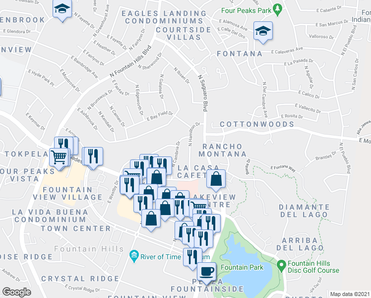 map of restaurants, bars, coffee shops, grocery stores, and more near 13814 North Hamilton Drive in Fountain Hills