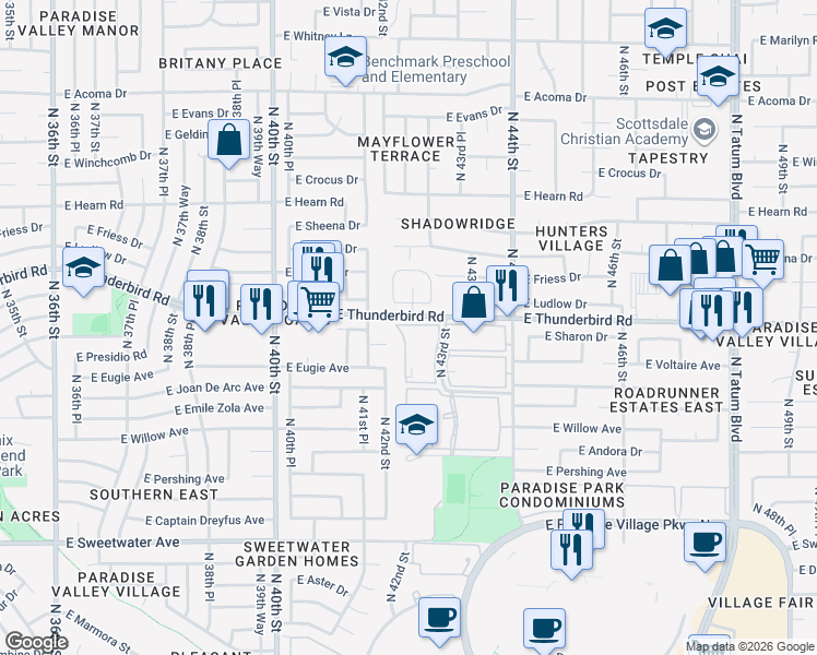 map of restaurants, bars, coffee shops, grocery stores, and more near 4245 East Ludlow Drive in Phoenix
