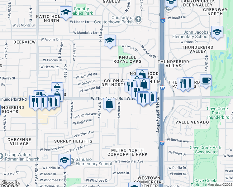 map of restaurants, bars, coffee shops, grocery stores, and more near 13820 North 30th Drive in Phoenix