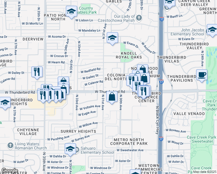 map of restaurants, bars, coffee shops, grocery stores, and more near 3055 West Calavar Road in Phoenix
